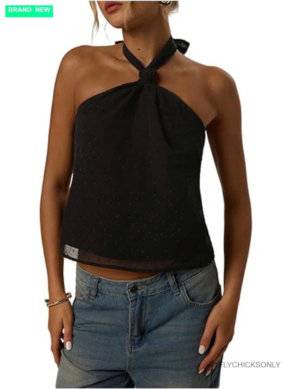 Sheer Swiss Dots Tie Back Halter Tank Top Sleeveless Knot Backless Blouse
